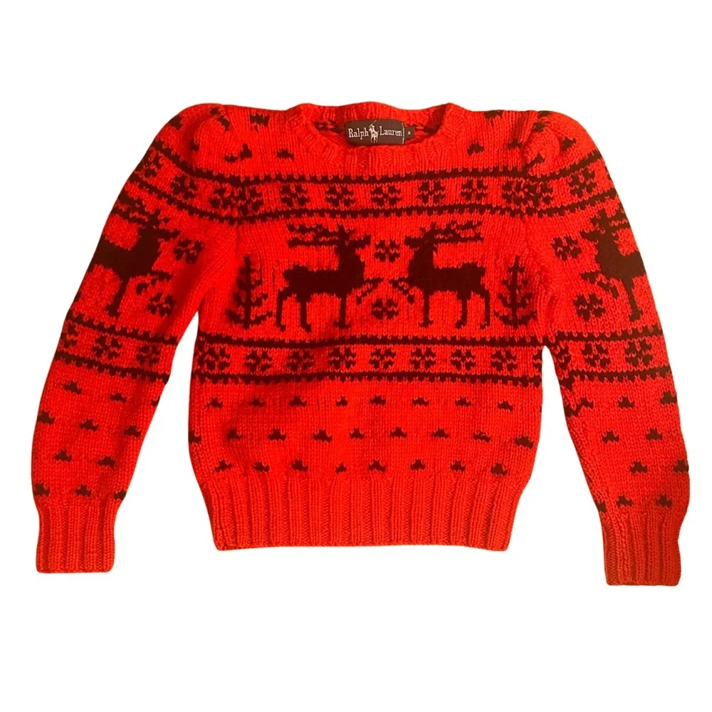 Vintage Ralph Lauren Hand-Knit Puff Sleeve Wool Sweater | Girls MG Red - Picture 1 of 3